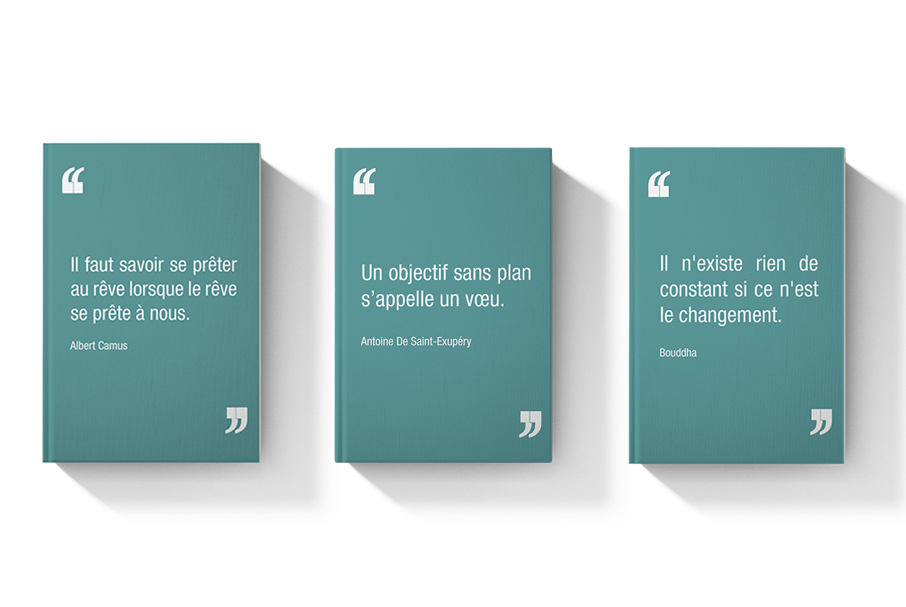 3 exemples de carnets avec une citation inspirante d'Albert Camus, St Exupéry et Bouddha